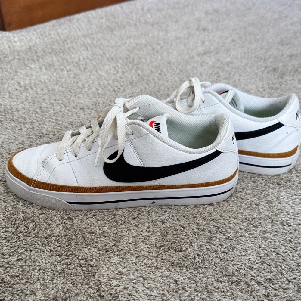 Nike White Sneakers with Black Swoosh and Tan Trim